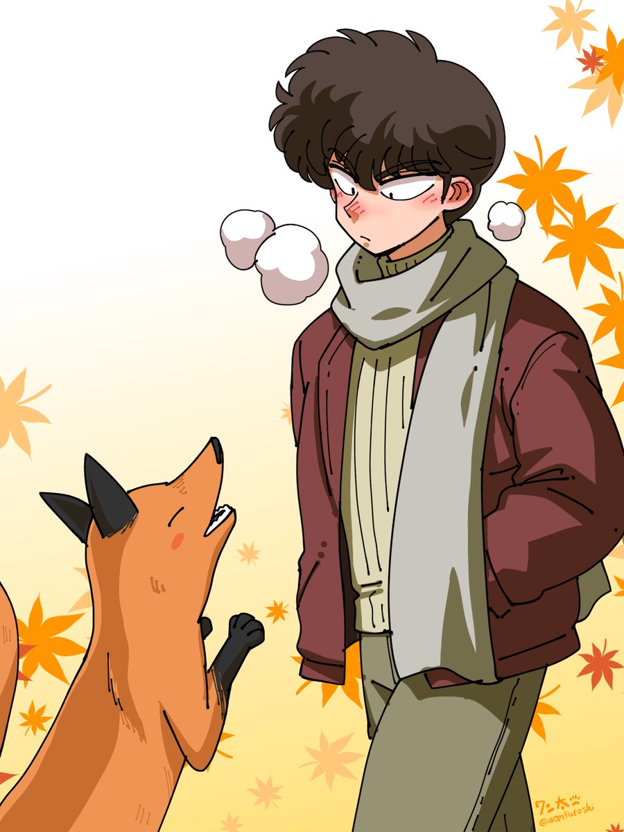 male focus 1boy scarf fox leaf jacket autumn leaves  illustration images