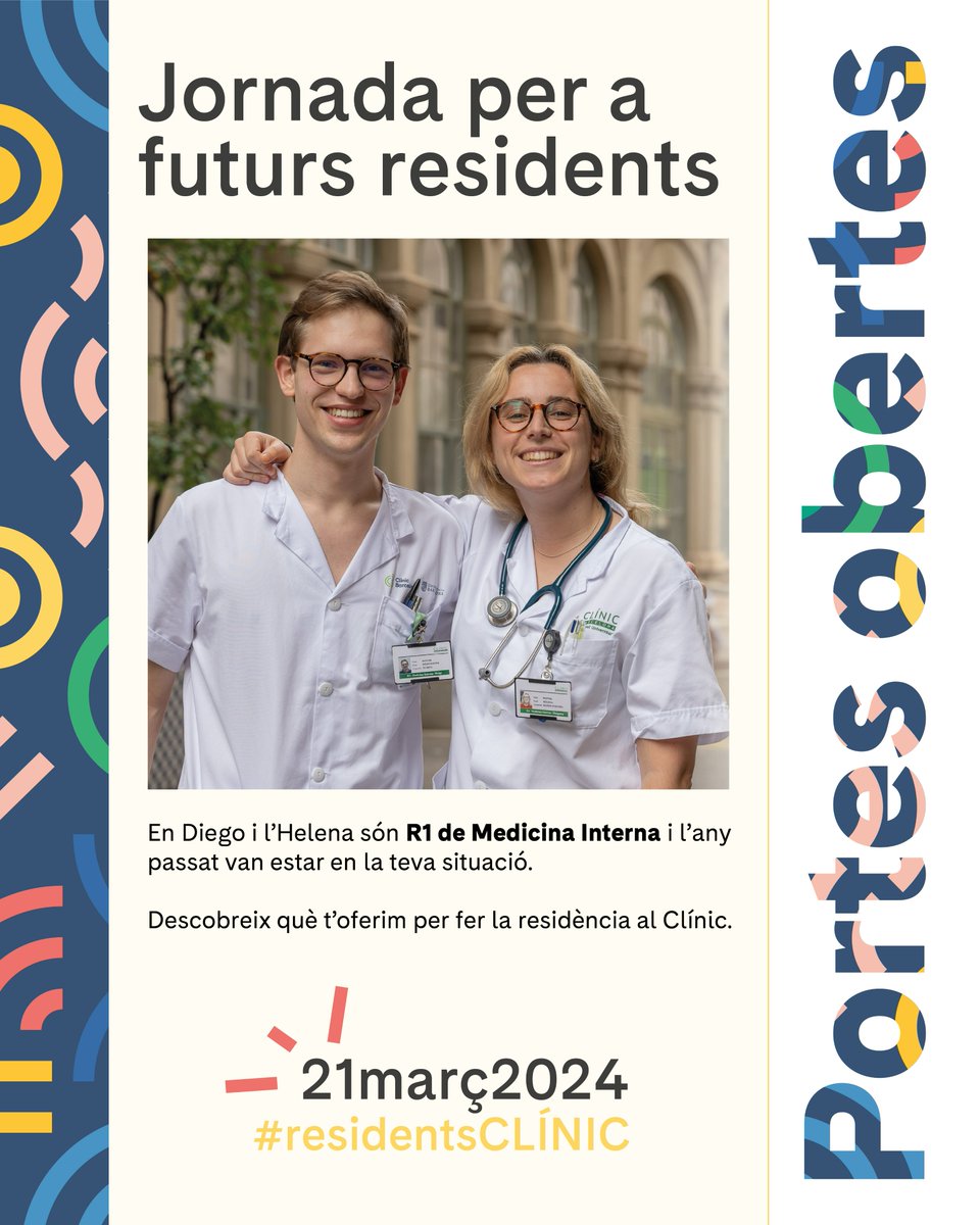 Qué te ofrece una la residencia en el #CLÍNIC?

🔷 4⃣7⃣especialidades distintas
🔷 1⃣4⃣5⃣ plazas de: #medicina, #enfermería, #farmacia, #biología, #física y #psicología

➕ Info de la JPO para #ResidentsCLÍNIC👉 tinyurl.com/mr3hcepd