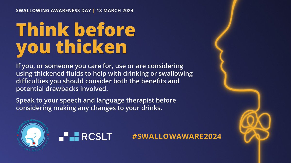 It's Swallowing Awareness Day! If you’re supporting someone with eating, drinking & swallowing difficulties, make sure you THINK BEFORE YOU THICKEN any fluids. #SwallowAware2024 #NHWeek @NHWeek Read our guidance on why this is important: rcslt.org/members/clinic… @RCSLT