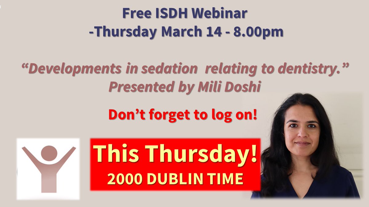 ISDH webinar this Thursday 14 March! Mili Doshi, Consultant in #specialcaredentistry presenting on 'Developments in Dental Sedation.' Including: Bispectral index monitoring, Capnography Remimazolam. Link here: isdh.ie/2024/02/16/web… @MiliDoshi7