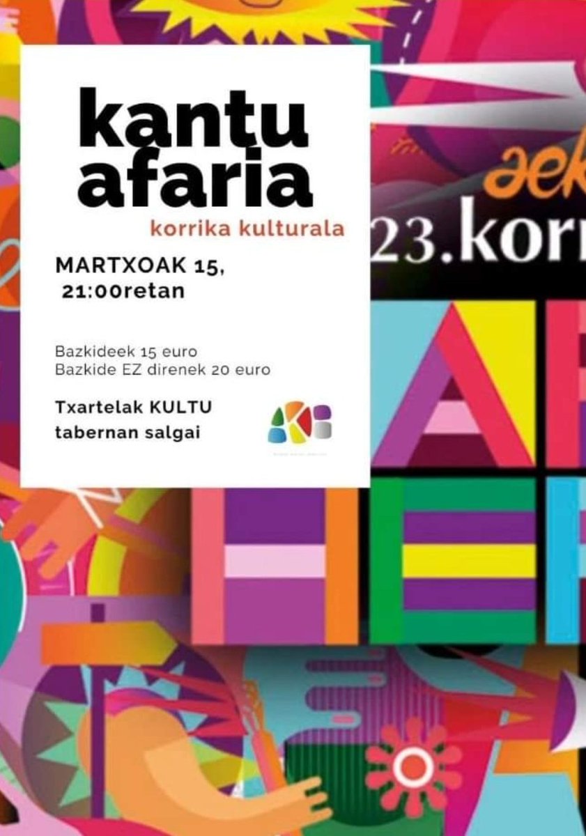 Kantu afariarako sarrerak Kultu tabenan salgai. Animatu eta zatoz afalose goxoa egitera!
#Eibar #korrikakulturala
#HarroHerri
#Korrika23