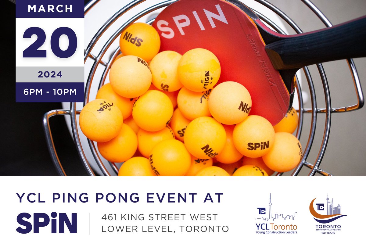 TCA_Connect's tweet image. YCL 2024 ping-pong tournament: Get Ready to Get Your Pong On @SPiN Toronto on Mar. 20. Register now for This Epic Event—don't Miss Out! Full deets: conta.cc/48SVNVo

TY to our sponsors: @HomeDepotCanada @EllisDon @LedcorGroup @BothwellCo #ClaneRestorationInc #SimsonMaxwell