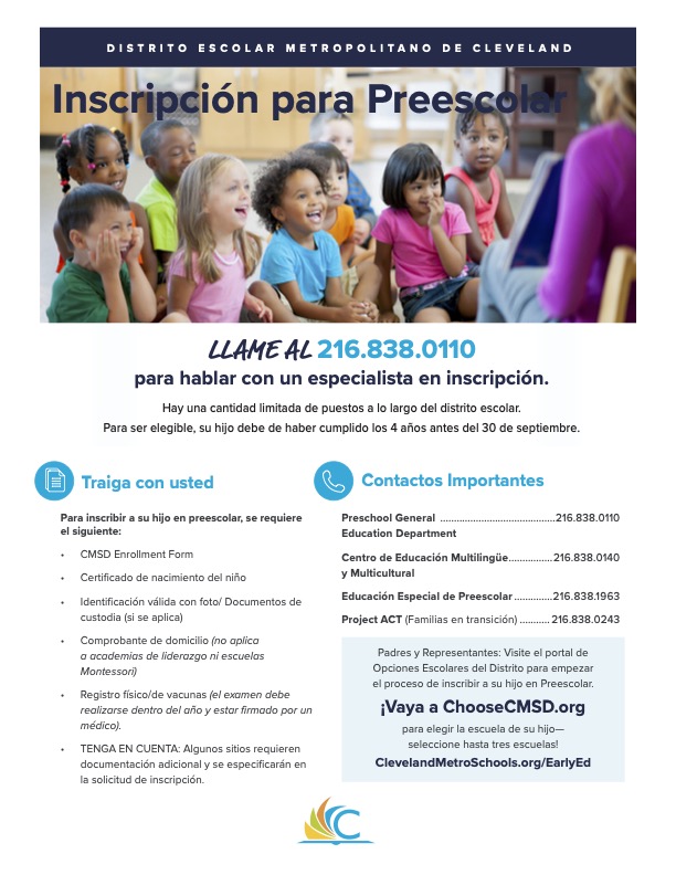 Registration is now open to sign your child up for CMSD’s free high-quality, full-day preschool.
Your child will develop a strong foundation of reading &amp; math skills while having fun.
Scholars must turn four years old by September 30 to enroll.
clevelandmetroschools.org/Page/16662