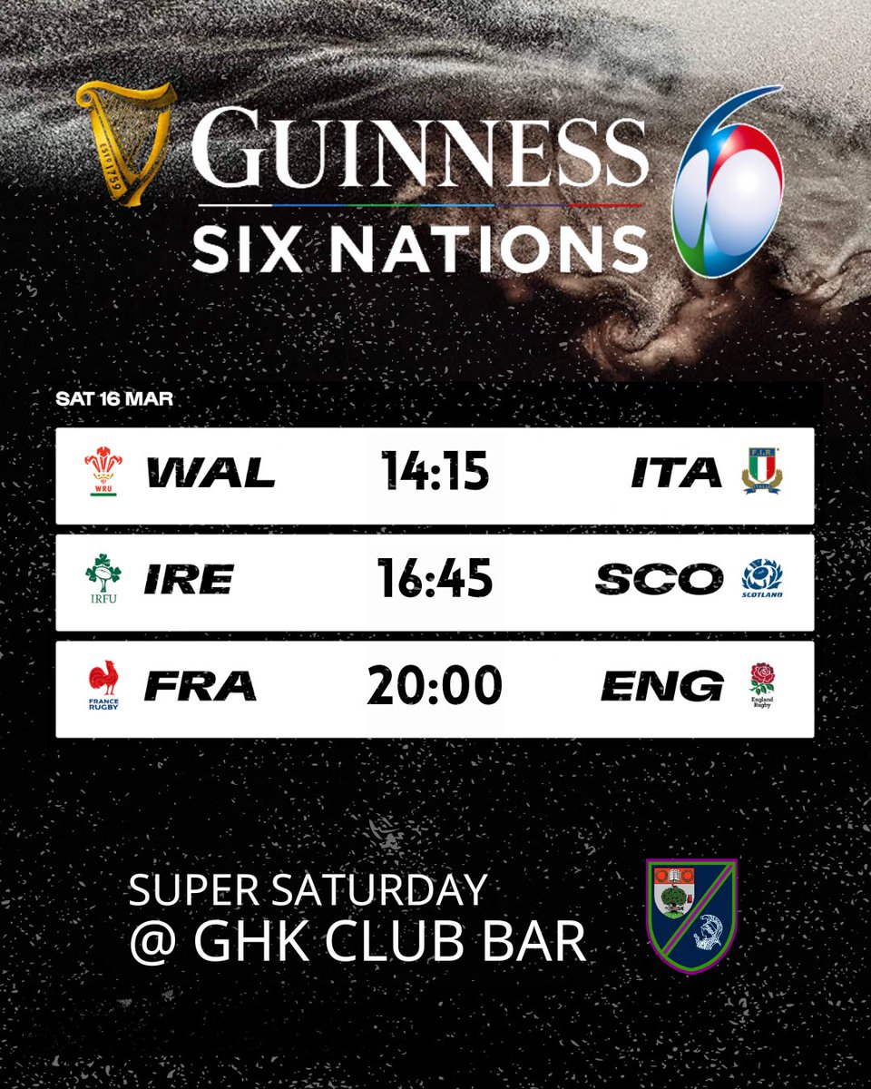 We’re gearing up for the Six Nations Super Saturday! 🏴󠁧󠁢󠁷󠁬󠁳󠁿🇮🇹🏴󠁧󠁢󠁳󠁣󠁴󠁿🇮🇪🏴󠁧󠁢󠁥󠁮󠁧󠁿🇫🇷 The GHK club bar will be showing all fixtures and serving up creamy pints throughout the day!🍻 Hope to see you along, all are welcome 🤠 #weareghk #sixnations #supersaturday