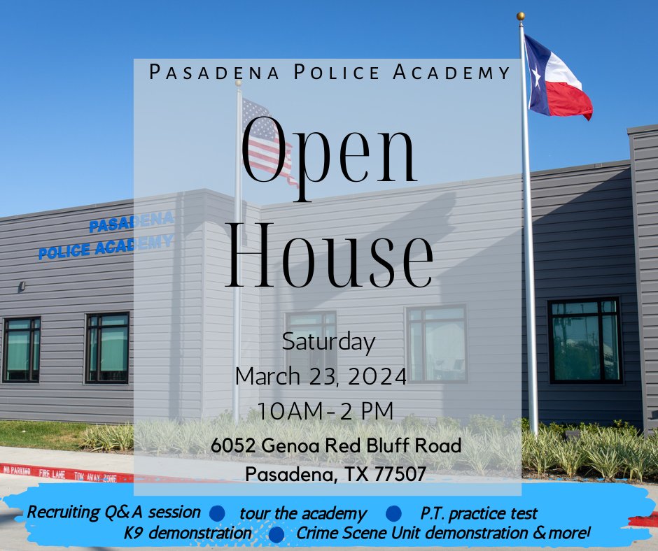 We are excited to announce that we are hosting an Open House at the Pasadena Police Academy on Saturday, March 23, from 10 AM to 2 PM. This event is open to the public and anyone interested in joining the Pasadena Police Department!