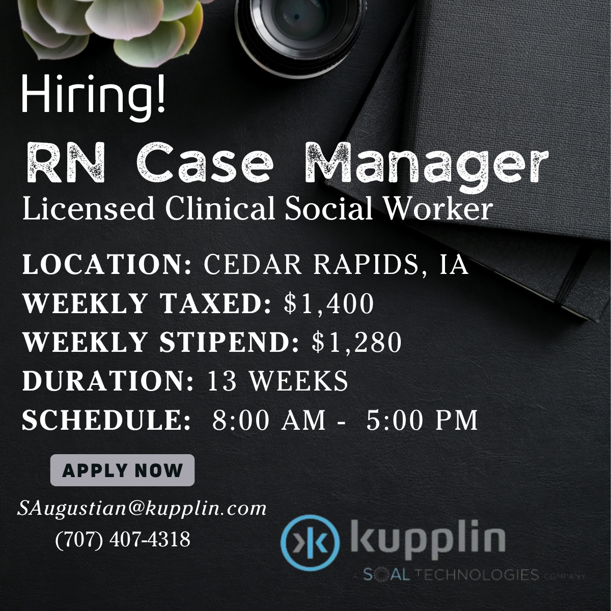 Seeking a Compassionate RN Case Manager/LCSW to Make an Impact in Cedar Rapids, IA.
Are You Ready to Elevate Patient Care and Join Our Dynamic Team?
Apply Today!
SAugustian@kupplin.com
(707) 407-4318
#HealthcareHeroes #RNJobs #SocialWork #JoinUs
