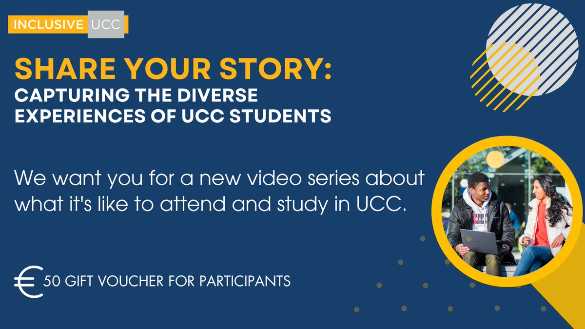 Inclusive UCC seeks your unique voice! #ShareYourStory in our new video series and highlight the rich diversity of UCC.

📅 Filming on April 8 &amp; 9
⏳ Just 90 mins
💰 Earn a €50 voucher!

Join us👉shorturl.at/awKL0
Deadline: March 22, 5pm.

#InclusiveUCC #A11y #UD