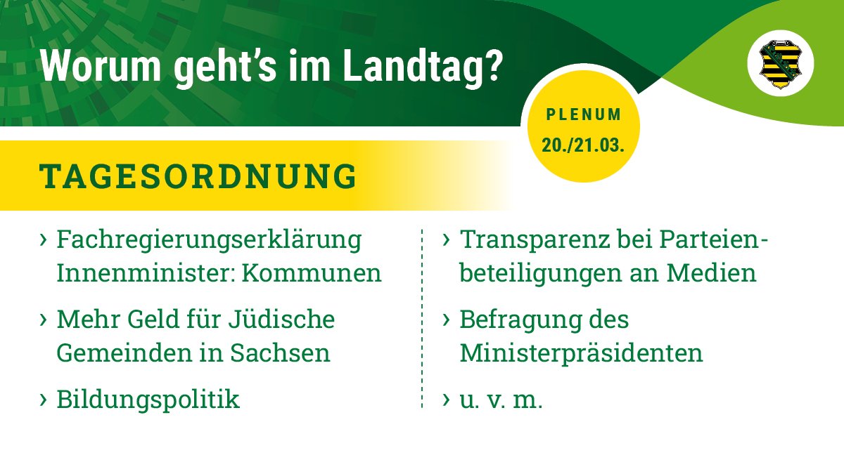 Mehr Selbstverwaltung für Kommunen, mehr Geld für d. Jüdischen Gemeinden, Transparenz bei Beteiligungen von Parteien an Medien, Befragung des Ministerpräs. durch die Abgeordneten – das sind u. a. Themen der Landtagssitzungen kommende Woche. Tagesordnungen: landtag.sachsen.de/download/Dokum…