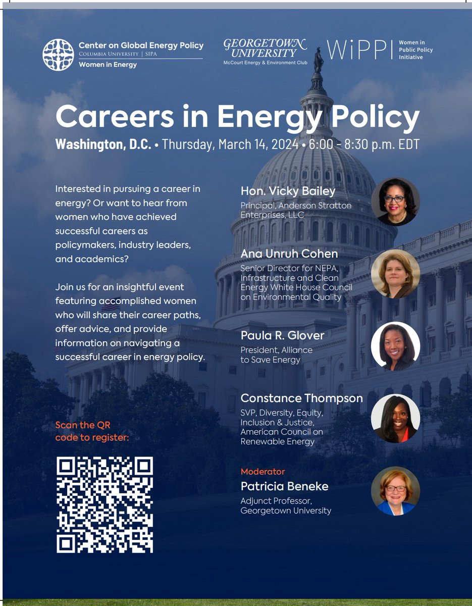 Join us for an insightful event on Careers in Energy Policy in Washington, D.C. on 3/14, featuring Alliance President @PRJackson and other accomplished women in the field. Hear their career paths and get advice on navigating a successful career in energy policy. #EnergyPolicy