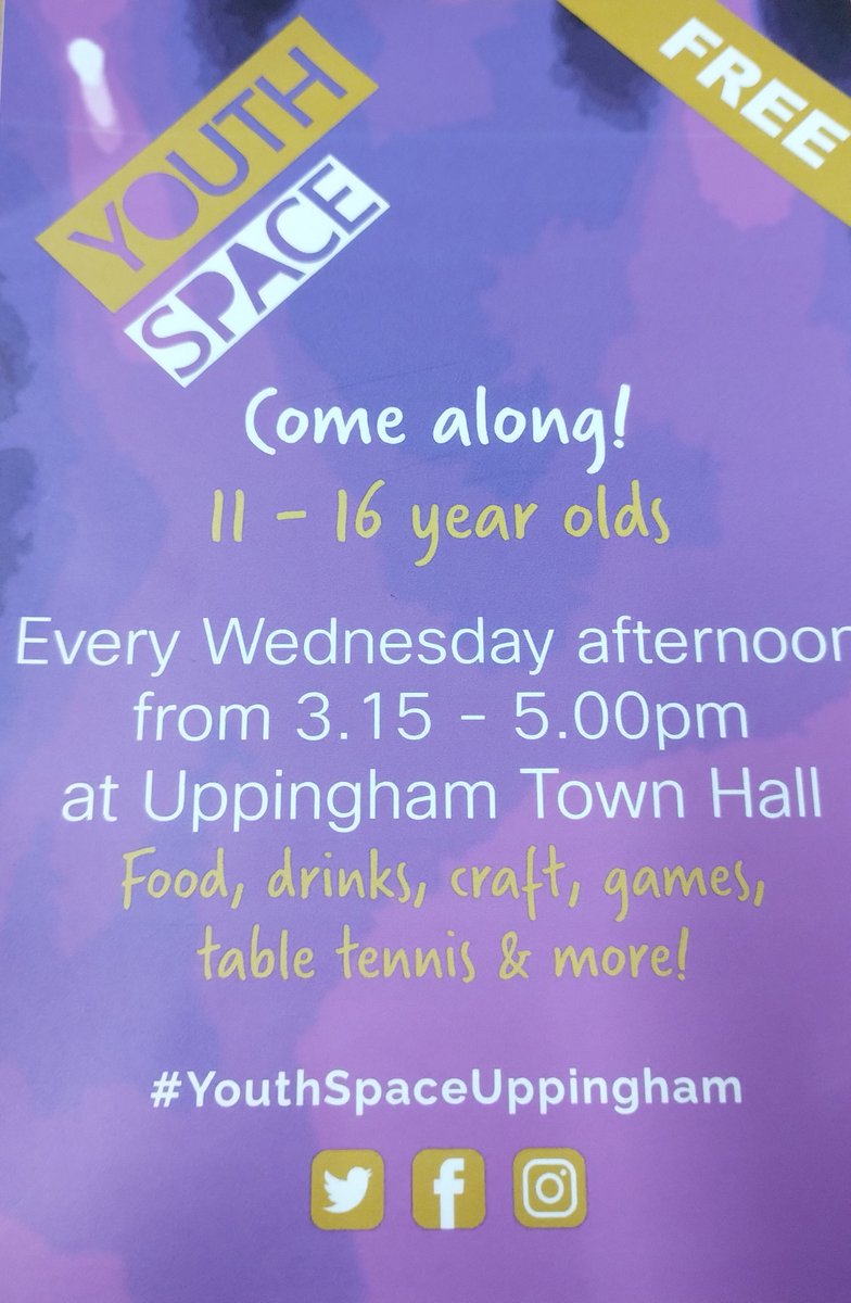 Uppingham Youth Space is being hosted today by Alice, Mike and Nat from 3.15pm - 5pm at Uppingham Town Hall. All 11-16 year olds welcome to come along to this safe space. Things to do include - food, drinks, crafts, games and table tennis. #InYourCommunity PCSO Andy Wylie