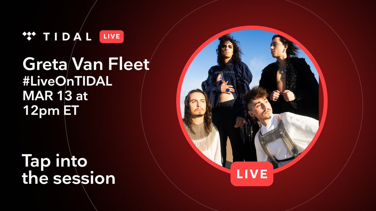 GretaVanFleet's tweet photo. Join us #LiveOnTIDAL in 30 minutes as we takeover and share some of our favorite songs to listen to while we’re on the road: https://t.co/lGPTwryAHT https://t.co/m9yRwKwqwN