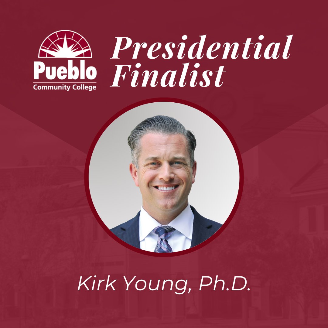 Chancellor Garcia announced Kirk Young, Ph.D., as a finalist in the @PCCPueblo presidential search today. Young joins Chato Hazelbaker as one of three finalists in the running. The successful candidate will replace outgoing PCC president Dr. Patricia Erjavec, who is retiring in