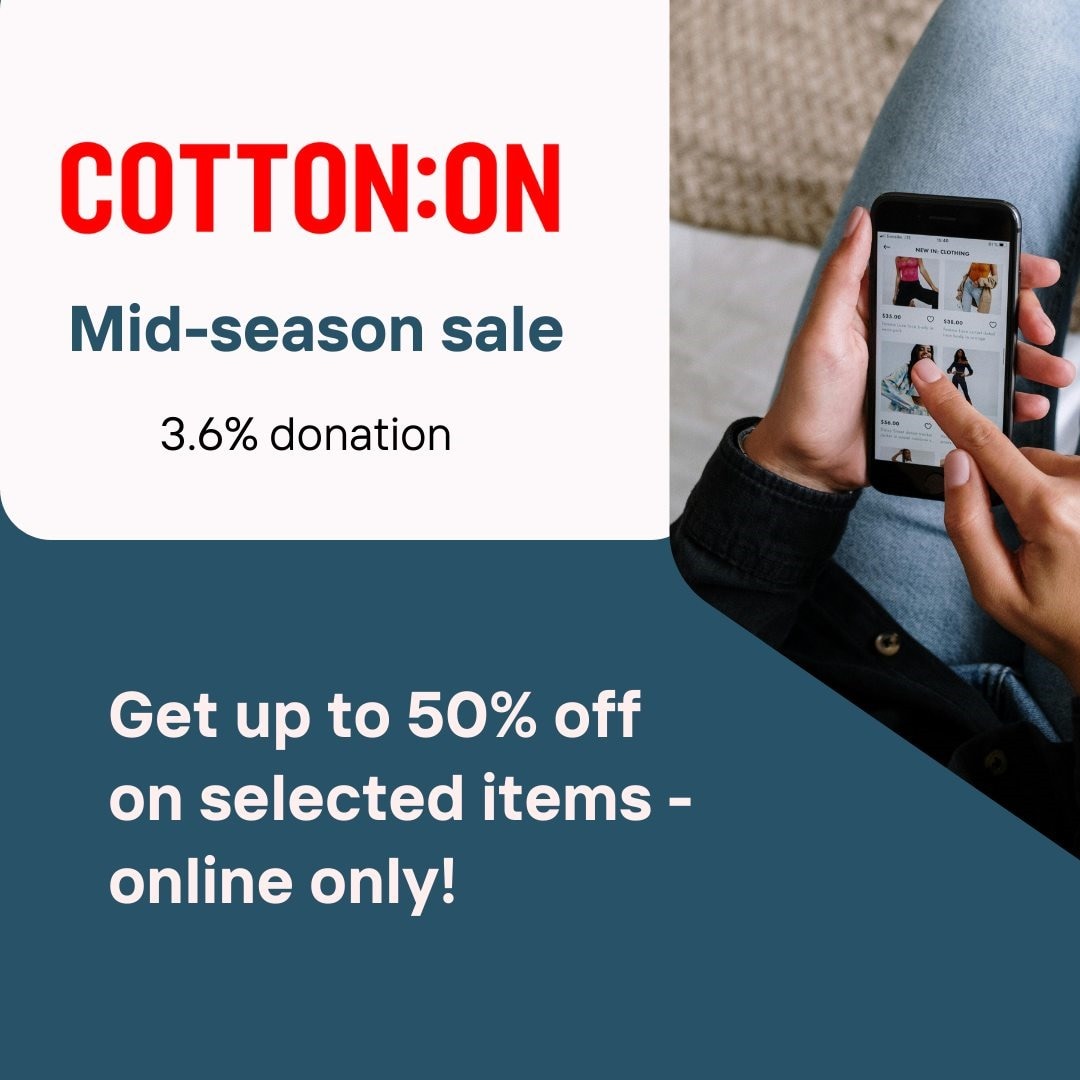 PeloFoundation's tweet photo. Get up to 50% off when you shop online mid-season sale on Cotton On via ShopDonation and DONATE 3.6% to Pelo Foundation.

Go to: https://t.co/1IDqSJnqdx and Choose Cotton On

#SaveLives #SaveBabies https://t.co/JABIhkGUi8
