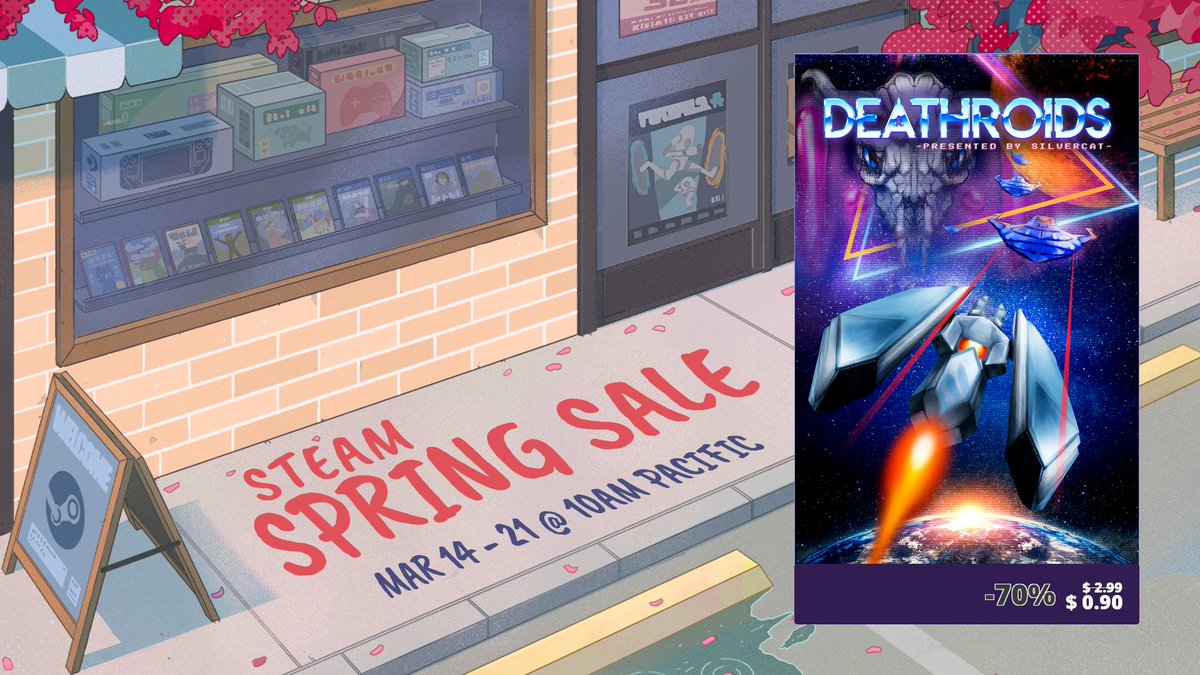silvercatgames's tweet photo. Steam Spring Sale 2024 is tomorrow. Get 70% off Deathroids and 40% off Original Soundtrack as well! #deathroids #silvercatgames #retrogaming #gamedev #indie #indiegame #indiegamedev #pixelart #shmup #steam #steamspringsale https://t.co/nGza1pWN12