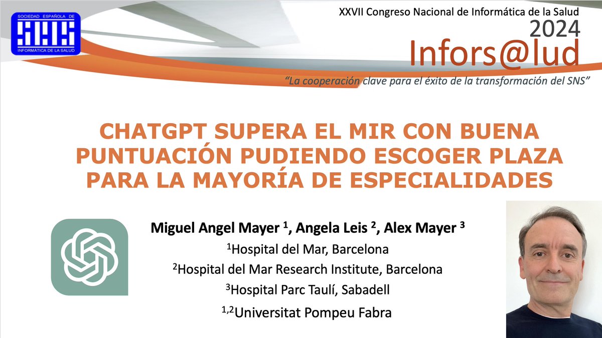Miguel-Angel Mayer (@mmayerp) on Twitter photo Hemos evaluado el conocimiento de #ChatGPT4 en el examen #MIR para la formación médica especializada... #inforsalud24 y responde correctamente el 75% de las preguntas!!! <a href="/hospitaldelmar/">Hospital del Mar</a> <a href="/UPFBarcelona/">UPF Barcelona</a> <a href="/parctauli/">Consorci Corporació Sanitària Parc Taulí</a> <a href="/angelaleism/">Angela Leis</a> <a href="/DrAMayer/">Alex Mayer</a> <a href="/GRIB_Barcelona/">Bioinformatics GRIB</a> Hemos evaluado el conocimiento de #ChatGPT4 en el examen #MIR para la formación médica especializada... #inforsalud24 y responde correctamente el 75% de las preguntas!!! <a href="/hospitaldelmar/">Hospital del Mar</a> <a href="/UPFBarcelona/">UPF Barcelona</a> <a href="/parctauli/">Consorci Corporació Sanitària Parc Taulí</a> <a href="/angelaleism/">Angela Leis</a> <a href="/DrAMayer/">Alex Mayer</a> <a href="/GRIB_Barcelona/">Bioinformatics GRIB</a>