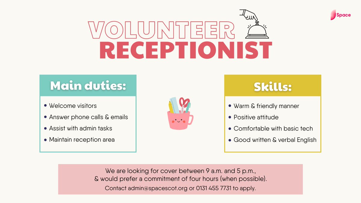 Are you a people person who enjoys helping others? We're looking for volunteer receptionists to join our front-of-house team. Main duties include responding to phone/email enquiries & light admin work. Full role details: spacescot.org/volunteer-rece… #volunteer #receptionist #Space