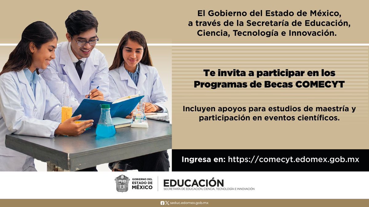 📚¡Queremos apoyarte! 
Participa en las convocatorias de #BecasCOMECYT dirigidos a estudiantes, investigadores e instituciones.  
Consulta las bases en las convocatorias: comecyt.edomex.gob.mx