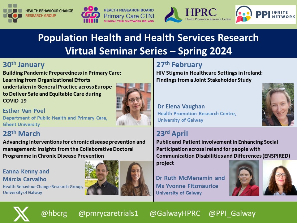 Seminar-Tues 26 March The @pmrycaretrials1, the @hbcrg, the @GalwayHPRC and @PPI_Galway are running a Spring 2024 joint online seminar series to highlight research in the area of pop. health & health services research. Register to receive seminar link shorturl.at/joIKW