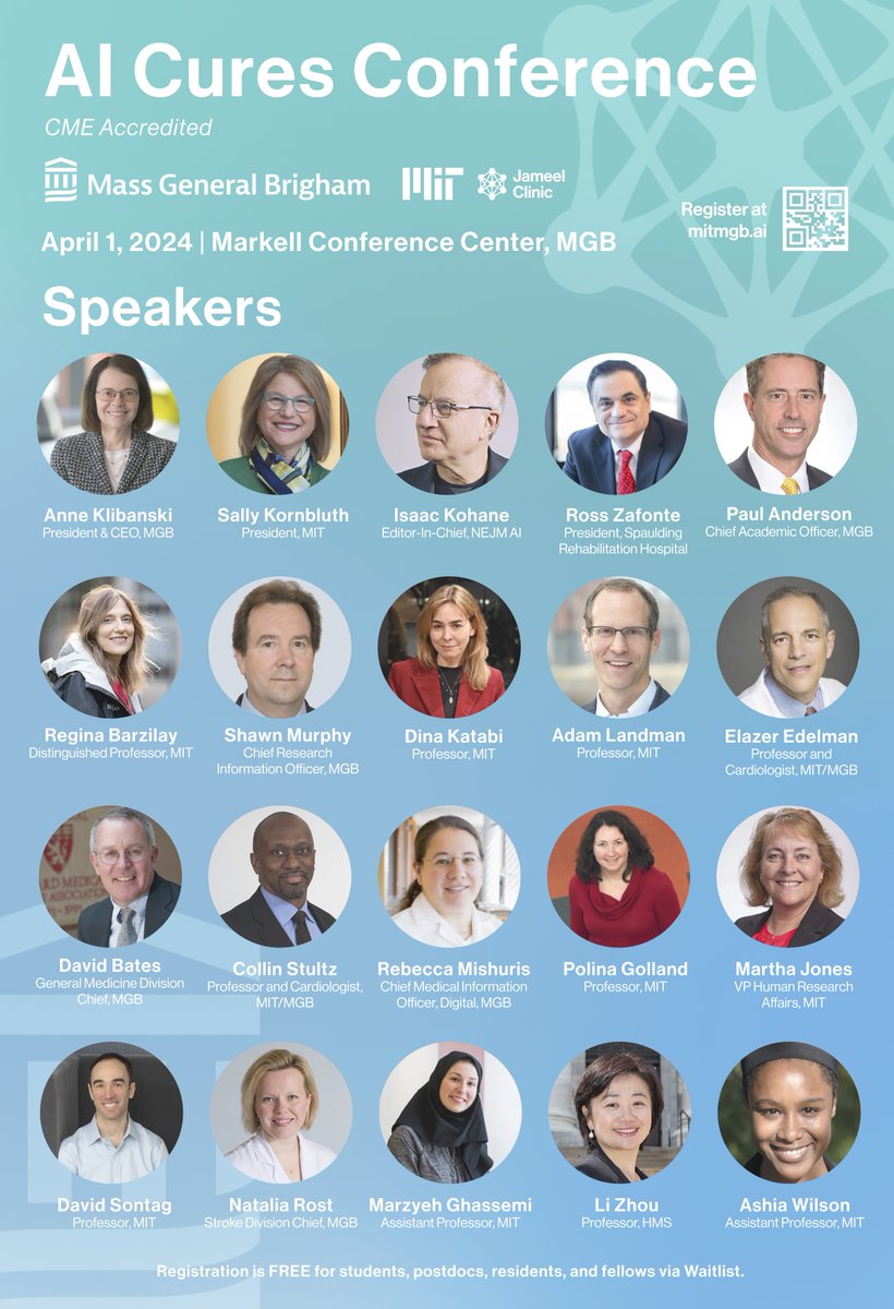 The #AICures2024 agenda has been finalized and we couldn't be more thrilled with our speaker lineup featuring 30+ speakers across @MIT, @MassGenBrigham, and more! Tickets are going fast — register ASAP to save your spot: mitmgb.ai