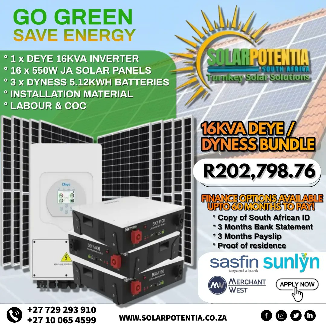 SolarPotentia's tweet photo. Tailored packages to fit any budget, with finance options
up to 60 months to pay!

Offers valid for a limited time period!💡

Contact us now to find the perfect solution for you! ☀️

📱+27 10 065 4599
📱+27 729 293 910
✉️ info@solarpotentia.co.za or sales@solarpotentia.co.za https://t.co/aoZl9luPAq