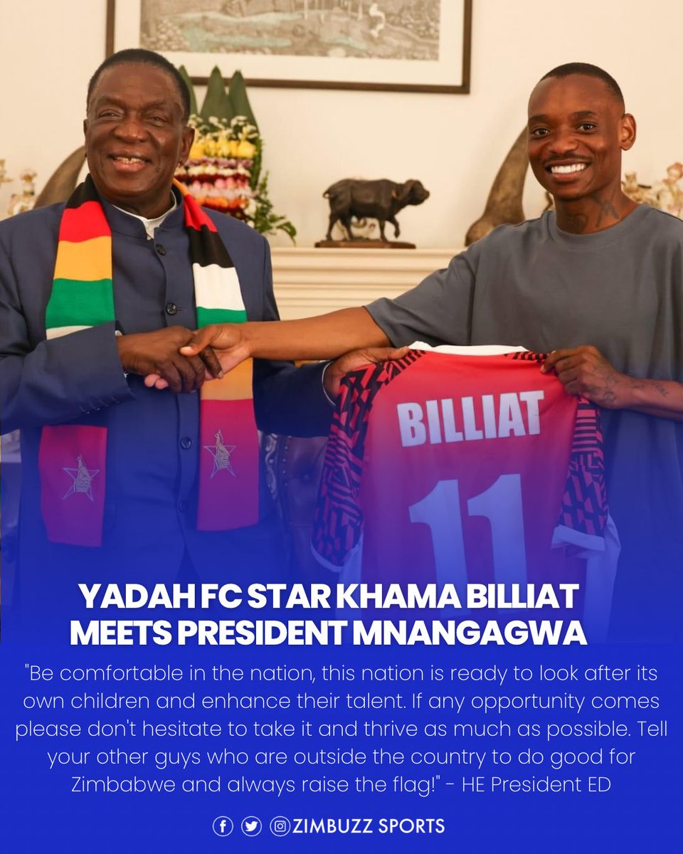 His Excellency President Mnangagwa today welcomed one of our greatest sports ambassadors, Khama Billiat, back to the country. Khama who was in the presence of Yadah FC founder Prophet Walter Magaya presented the President with his official Yadah FC jersey.