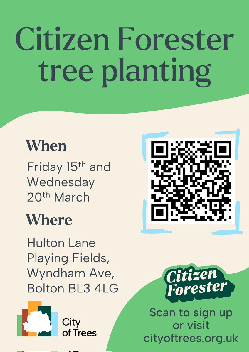 Join @CityofTreesMcr for a Citezen Forester tree planting. ⏰ Friday, 15th and 20th March 📍Hulton Lane Playing Fields Wyndham Avenue Bolton BL3 4LG For information contact @CottamTony