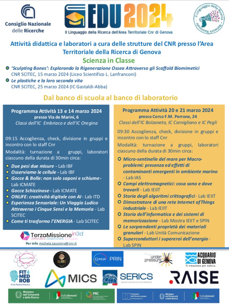 📢 EDU2024: Dal banco di Scuola al banco di laboratorio Giornata di attività di laboratorio per studenti delle scuole genovesi 📷09:15 presso Area Ricerca Genova #EDU2024 #CNRProgramma 📷 ⤵️