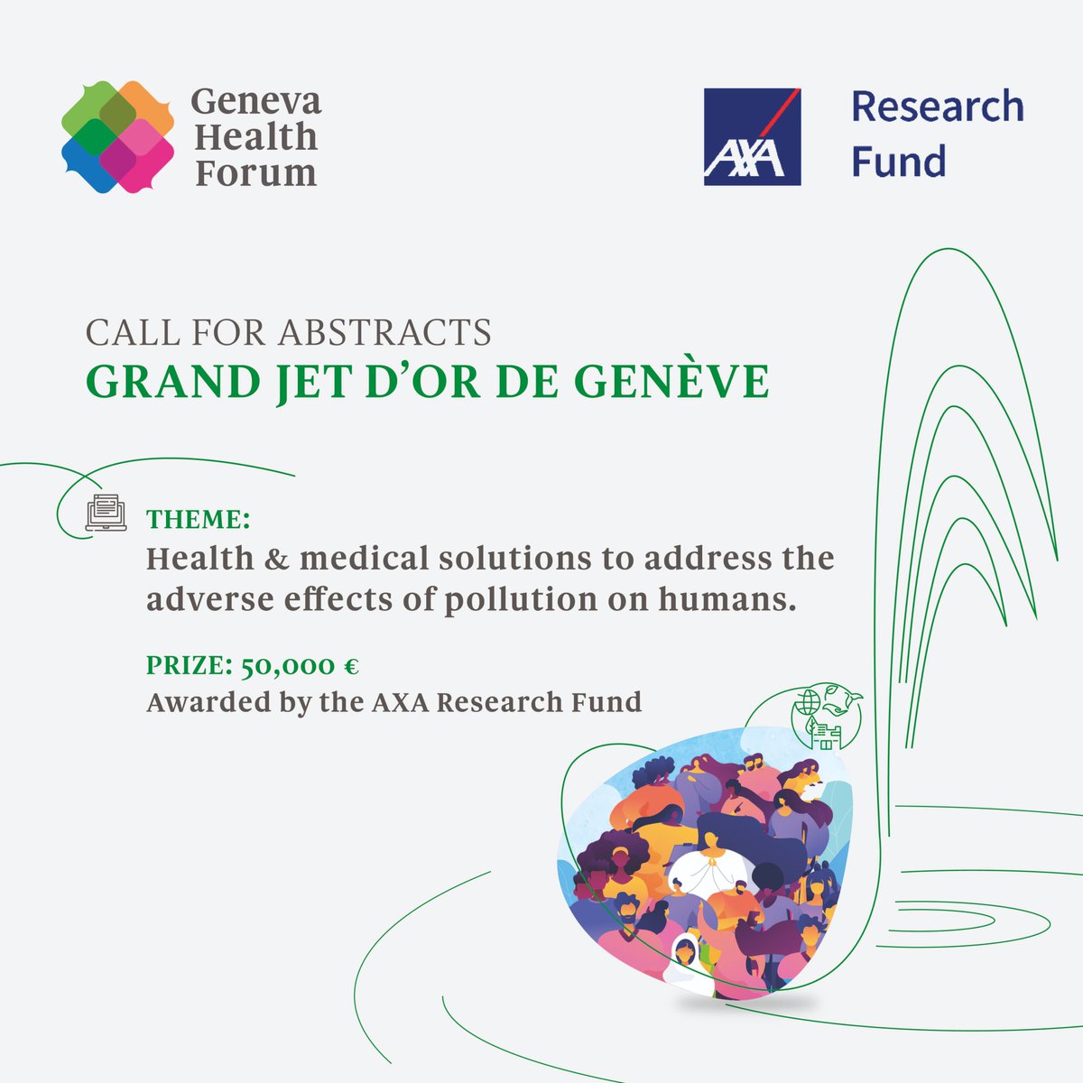 In collaboration with the @AXAResearchFund , we are pleased to announce the launch of this year’s “Grand Jet d’Or de Genève” Award aimed at addressing pollution's impact on human health. For more information about the Call and to apply, visit our website: grand-jet-dor.genevahealthforum.com