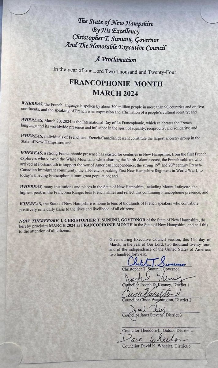 L’État du New Hampshire déclare, lui aussi, le mois de mars 2024 « mois de la francophonie ». Merci beaucoup M. le Gouverneur @ChrisSununu