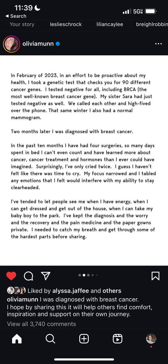 This post from Olivia Munn is such a stark reminder ladies of why we need to be a lot more proactive about breast cancer. Munn tested negative for any of the genes known to be associated with increased risk. But a risk assessment score led to a biopsy, which led to a diagnosis.