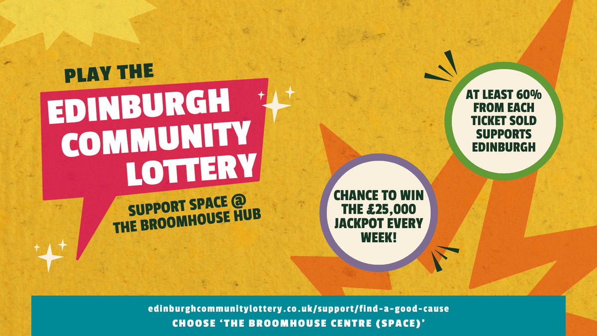 Play the @EdinburghLotto, support Space @ #TheBroomhouseHub. The weekly draw raises money for good causes like #Space. 🎟️ Tickets cost £1/week; 60p from each goes back to the community. 📅 Draw every Saturday night 🤑 Match all 6 numbers to win the JACKPOT! #community #lotto