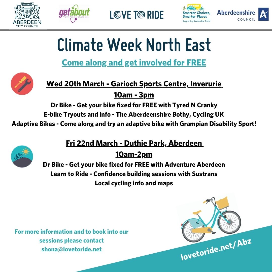 get_about's tweet photo. #ClimateWeekNorthEast starts this Friday, 15th March, with a fantastic range of events happening across #Aberdeen and #Aberdeenshire.

@LovetoRide_  are hosting two fab cycling events in #Inverurie and at #DuthiePark in Aberdeen, with Dr Bikes, bike try-outs and advice:

#CWNE24 https://t.co/NJzC1kFC1H