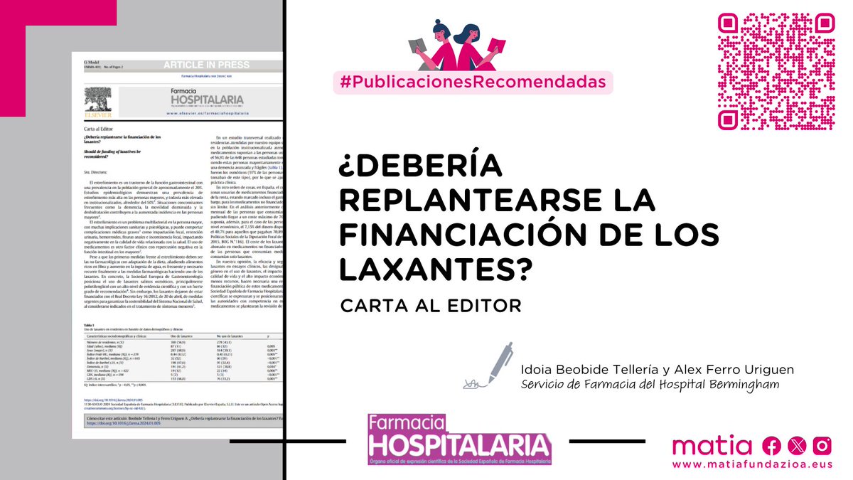 ❓¿Debería replantearse la financiación pública de los laxantes? Nuestros compañeros <a href="/BeobideIdoia/">Idoia beobide</a> y <a href="/burniya/">Alex Ferro</a> del servicio de #farmacia del Hospital Bermingham hablan sobre el tema en esta carta al editor publicada en <a href="/farm_hosp/">Farmacia Hospitalaria</a>.
 matiainstituto.net/es/publicacion…