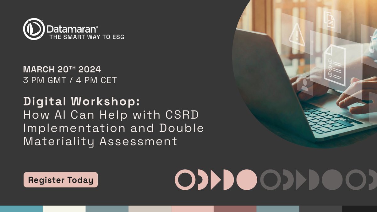 Join us for a #DigitalWorkshop next Wed March 20 at 3 PM GMT/4 PM CET to learn how #AI can help you implement the EU’s Corporate Sustainability Reporting Directive (#CSRD) and perform a double materiality assessment. Register today to secure your place: datamaran.registration.goldcast.io/events/d0e49b2….