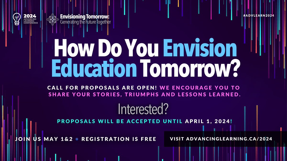 advlearn's tweet image. CALL FOR PROPOSALS ARE OPEN! How do you envision education tomorrow? We encourage you to share your stories, triumphs and lessons learned. Interested? Proposals will be accepted until April 1, 2024. Submit your proposals by visiting advancinglearning.ca/2024! #advlearn2024