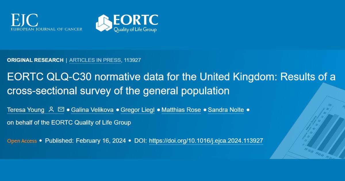 📚Excited to share a new #QoL publication on #EJC! This paper provides EORTC QLQ-C30 general population normative data for the UK, further stratified by sex and age. 👉 doi.org/10.1016/j.ejca… #GivingVoice2Patients #QualityofLife