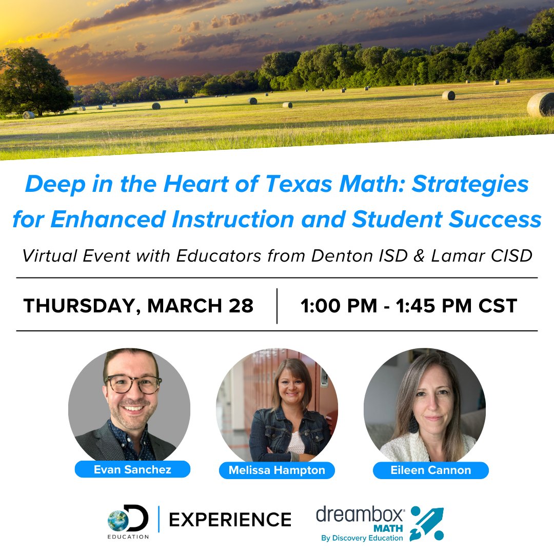 Hey Texas Math Leader 👋 Looking for ways to drive student achievement? Join us on March 28th at 1:00 PM CT to hear from real educators about real strategies they’re using in the classroom. Reserve your spot now! info.discoveryeducation.com/rm-webinar-reg…