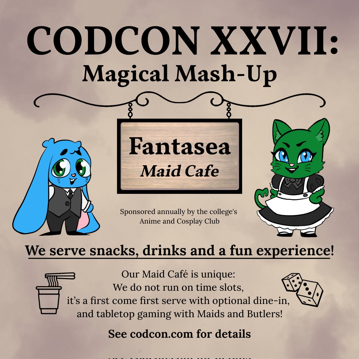 codconvention's tweet photo. Fantasea - CODCON's annual Maid Café coming this April! Hosted by the college's Anime and Cosplay Club.
Check out the link in our bio for our website &amp; for more details!
#codcon #codconvention https://t.co/6PHfsP9eoD
