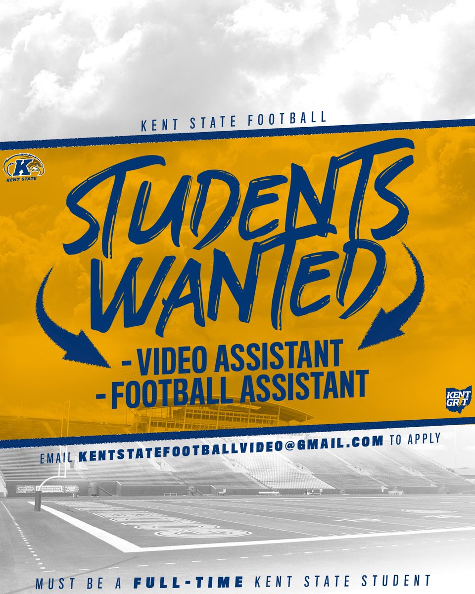 If you are a student interested in joining the Football staff, apply today! forms.gle/pqXYFQLGYN9sEb… #KentGRIT⚡️ *must be a full time student at Kent State*