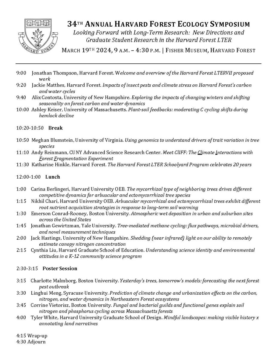 🌱Our Annual Ecology Symposium is Tues March 19: "New Directions and Graduate Student Research in the Harvard Forest LTER" 🌿Learn about proposed work in our LTER VII proposal, including highlights of grad student research. 📚🔬Register to attend on Zoom: rb.gy/pg06zi
