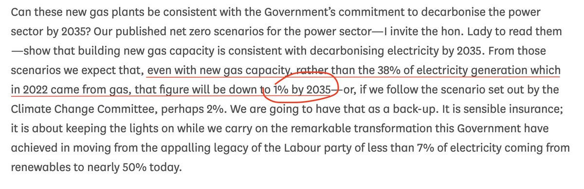 Despite all the UK govt rhetoric about 'new gas', confirmation today in parliament that govt expects unabated gas to meet ~1% of demand in 2035 Minister @grahamstuart, responding to an urgent Q from @CarolineLucas, described new gas capacity as 'back-up…sensible insurance' 1/