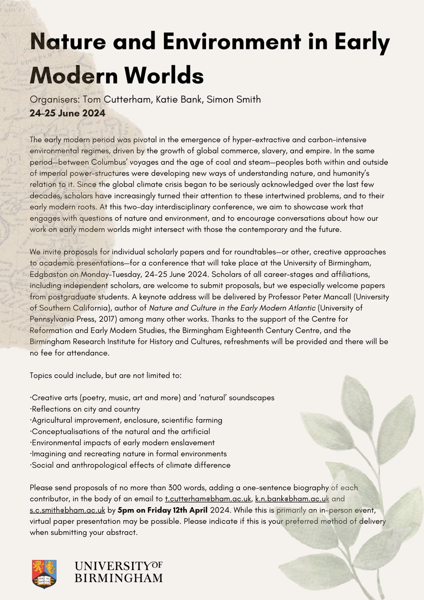 🍃CfP: Nature and Environment in Early Modern Worlds - please share! Keynote speaker 👉🏾 @USC_EMSI’s Prof Peter Mancall. 24-25 June; PG students especially encouraged to submit! 📝katiebankmusic.com/post/cfp-natur…