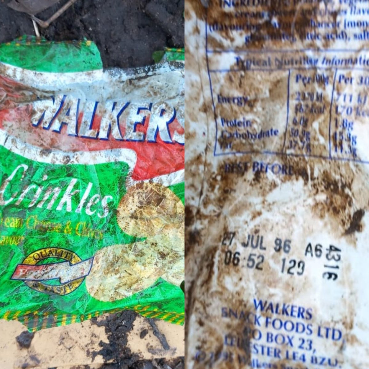 This week a crisp bag from 1996 was found from our local #river during sampling. What is the oldest #plastic you have found? @Hydro_Schneidi @LES_UniBham #PlasticPollution