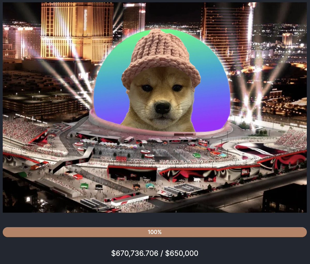 BREAKING: CAMPAIGN TO PUT <a href="/solana/">Solana</a> MEMECOIN $WIF (<a href="/dogwifcoin/">dogwifcoin</a>) ON THE VEGAS SPHERE HAS RAISED ITS TARGET TOTAL AMOUNT