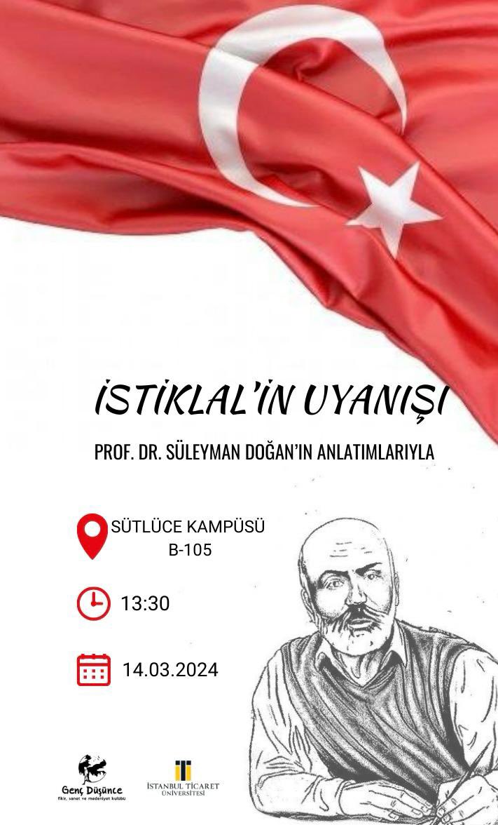 gencdusunceicu's tweet photo. Değerli Dostlar,  büyük bir gurur ve saygıyla İstiklal Marşı'nın kabulünün 103. yıl dönümünü ve milli şairimiz Mehmet Akif Ersoy'u rahmetle yad ediyoruz. Birlikte olacağımız bu anlamlı günde, İstiklal Marşı'nın kahramanlık dolu satırlarını yüreğimizde hissedecek, Mehmet Akif Ersoy'un  islamcılık portresinden ölümsüz eserlerine olan duyguları  paylaşacağız.
🗓️ 14 Mart Perşembe 
⏰ 13.30
📍Sütlüce kampüsü B-105’de Yıldız Teknik Üniversitesi Sosyoloji Bölümü Öğretim Üyesi Prof. Dr. Süleyman Doğan’ın anlatımıyla gerçekleşecek olan bu özel programa hepinizi bekliyoruz.