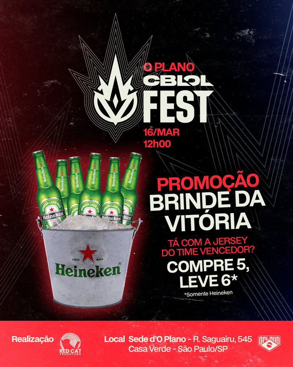 🚨 O GERENTE MANDOU AVISAR🚨 

Vai rolar promoção no CBLOL Fest - O PLANO 🔥
Seu time ganhou? Ta com a jersey do time? RECEBA PROMOÇÃO: COMPRE 5 HEINEKEN E LEVE 6!!!!

NÃO COMPROU O INGRESSO AINDA? ENTÃO APROVEITA E COMPRE, VAI SER ANIMAL!

INGRESSOS 👉 bit.ly/CBLOLFest-OPla…