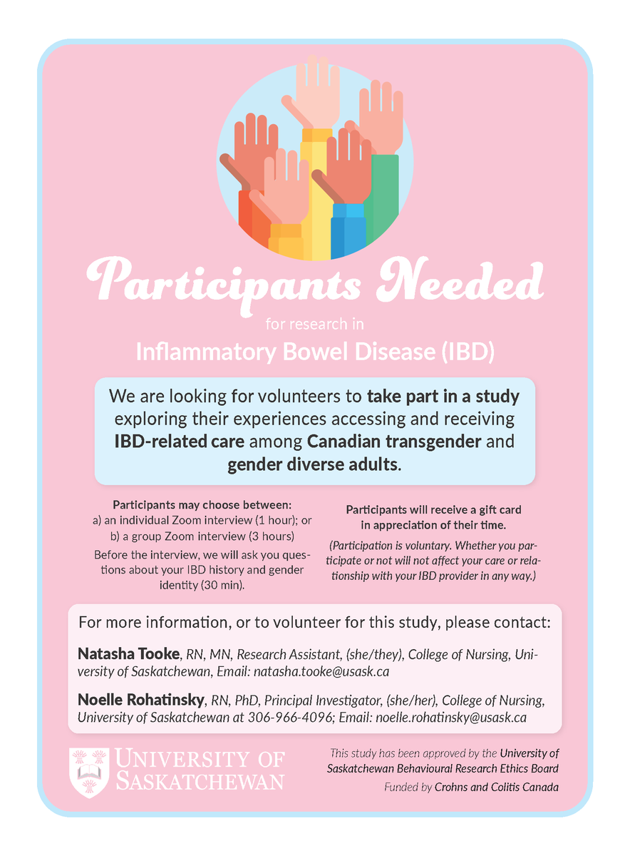 Interested in volunteering to advance #IBDresearch?

Participants are needed for a study exploring Canadian #transgender and #genderdiverse adults' experiences when accessing and receiving #IBDcare.

Check out the poster for more info!

#IBD <a href="/getgutsycanada/">Crohn's and Colitis Canada</a>