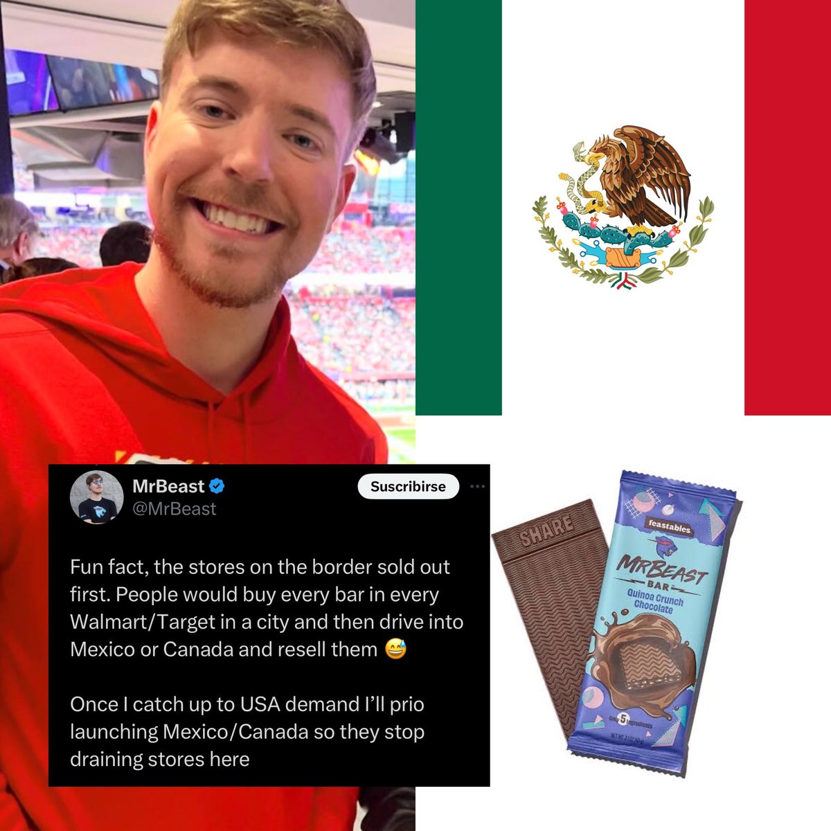 MrBeast habla de sus chocolates y menciona que en la frontera se agotan de  inmediato porque personas de México vienen a Estados Unidos a comprar y  luego se van a revender a