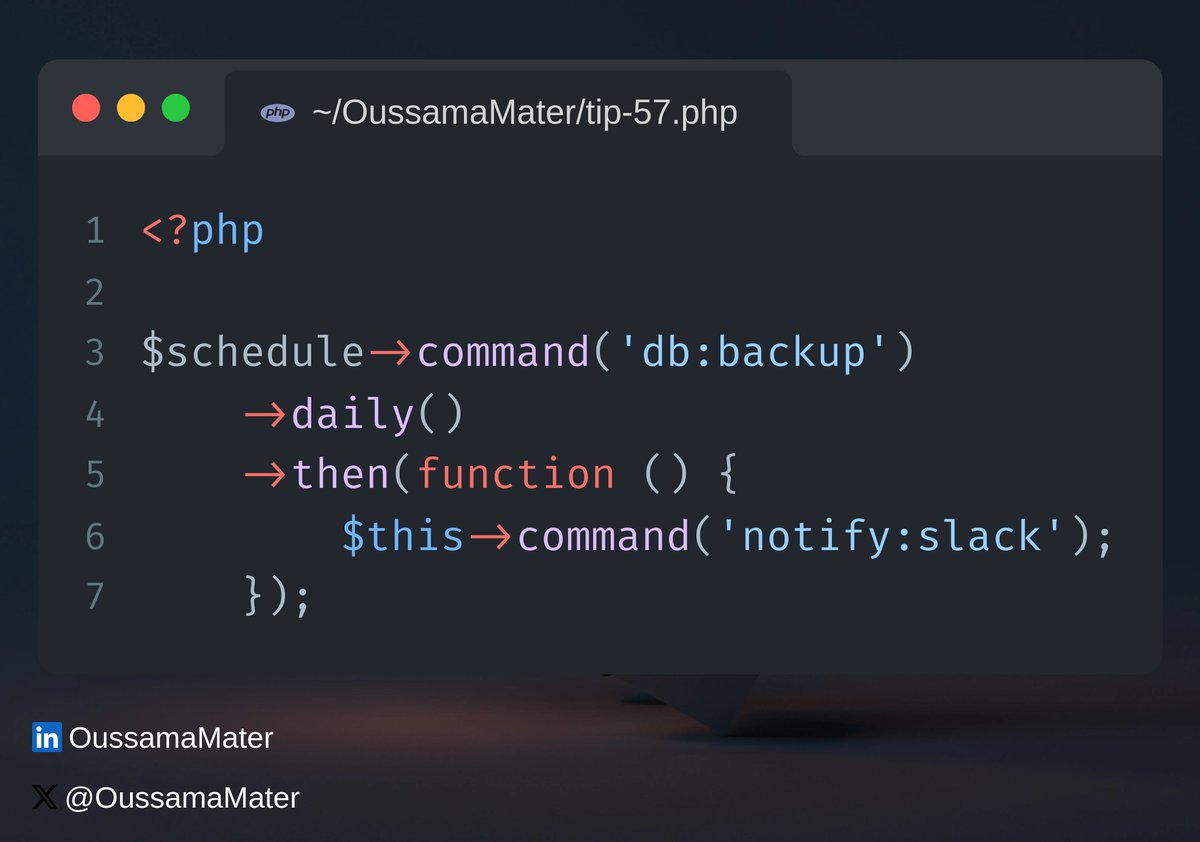 OussamaMater's tweet image. Laravel Tip💡: Chain Scheduled Commands
You can chain commands in your scheduler using the "then()" method, an undocumented feature that I often find myself using 🚀
#laravel11