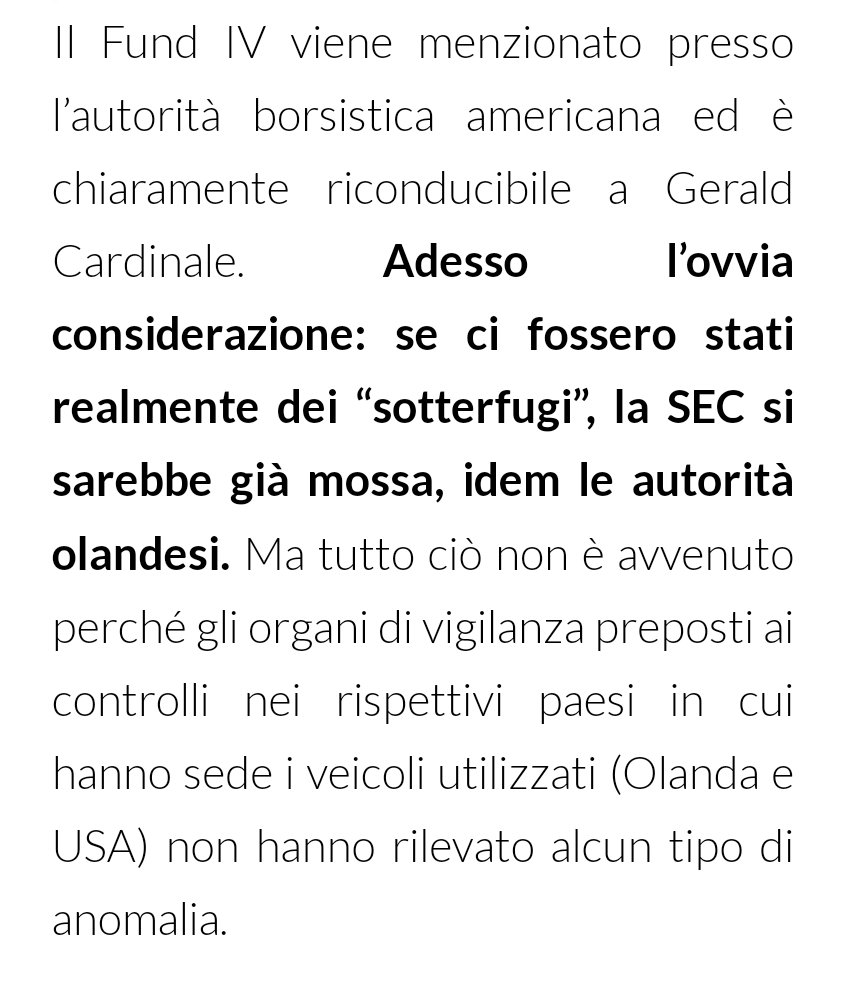 Aggiungerei anche che la SEC in USA non è come la sua controparte italiana (Consob), ma è una cosa seria. Poi si può discutere di legislazioni diverse, ma se il 'reato' in Italia si basa su presunte irregolarità rilevate da 2 magistrati italiani e non dalla SEC parliamo del nulla